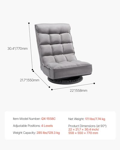 VEVOR Swivel Floor Gaming Chair, 360-Degree Rotating Foldable Lounge Chair with 4 Position Adjustable Backrest & Lumbar Support, Folding Video Reclining Lazy Sofa for Watching TV Reading Playing Game