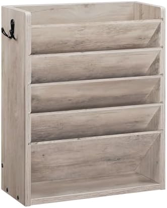 CHOEZON Wall File Organizer, 6-Tier Vertical Mount Hanging Holder with 2 Side Hooks, Modern Wooden Magazine Storage Holder with Bottom Tray, Desk Organizer, for Office, Home, Greige MWJ01FH
