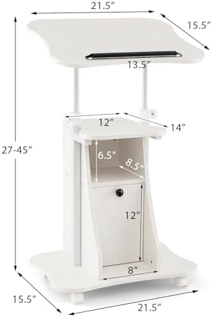 Tangkula Mobile Laptop Podium, Height Adjustable Sit to Stand Desk with Tilting Desktop & Storage Cabinet, Ergonomic Rolling Lectern Cart Laptop Desk, Office Podium Stand on Wheels