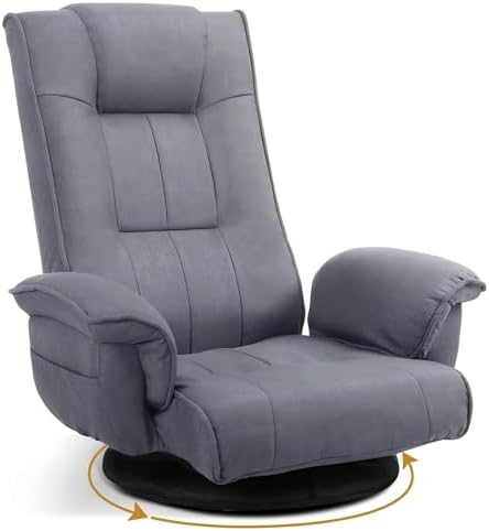 Ergonomic Swivel Floor Gaming Chair with Armrests & Side Pockets, 6-Position Reclining Sofa Bed, Foldable Padded Lounger with Thick Cushion & Lumbar Support for Esports, Reading, TV Watching, Grey