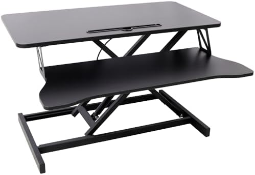 Height Adjustable Standing Desk Converter, White, MDF Steel Frame, 31.5x17 Inch Desktop, Gas Spring Lift System, Keyboard Tray, Sit Stand Workstation, 44 lb Capacity (Black)