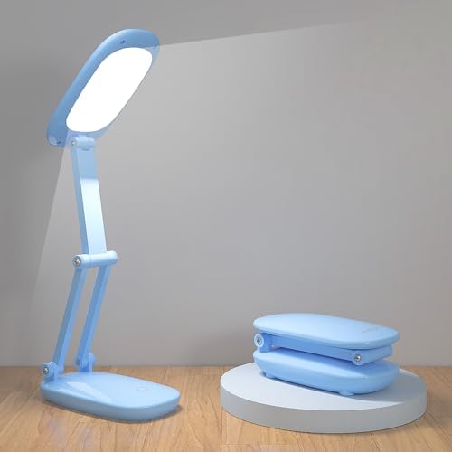 Akejrym LED Desk Lamp for Office & Home, Battery Operated, Foldable & Portable Light, 2-Fold Bracket, 3 Brightness Dimmable, Wireless Reading Lamp (Blue)