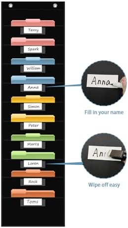 ANCOMEDO 10 Pocket Hanging Wall File Organizer with 10 Nametag Pockets, File Pocket Chart for Classroom and Office. Perfectly Stores Assignments, Files, Scrapbooks, and Documents.