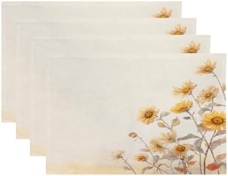Soft Sunflowers Linen Placemats, Gentle Breeze in Field Table Mats for Table Washable Heat Insulation Thick Dining Mat, Indoor/Outdoor 12X18 in 4 Pcs
