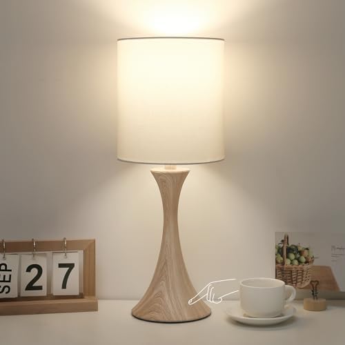 Dimmable Wood Grain Metal Table Lamp, 3 Way Touch Lamp with White Shade