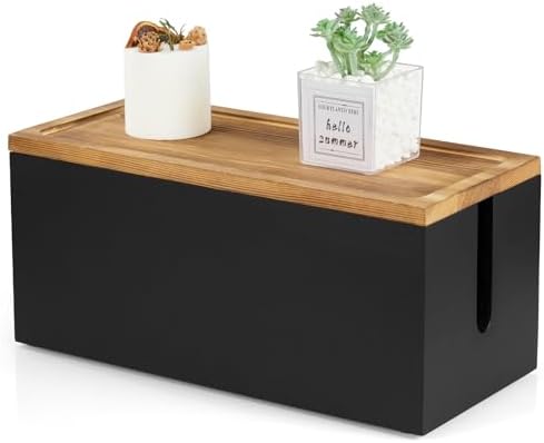Bivvclaz Cable Management Box Medium, Wooden Cord Organizer Box for Desk, Floor, Office to Hide Extension Cords Power Stripes Surge Protectors Chargers Wires, Black