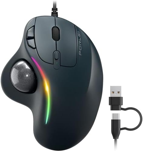 Wired Ergonomic Trackball Mouse, 34mm Thumb Control, RGB Lighting