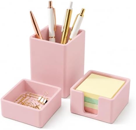 minimaliving Aesthetic Silicone Desk Organizer Set of 3,Modern Office Desk Accessories with Pen Holder,Paperclip Tray,Sticky Note Holder,Stylish Functional Office Desk Decor for Back-to-school(Pink)