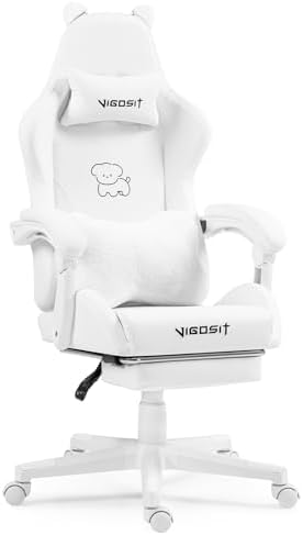 VlGOSlT Cat Ear Gaming Chair with Footrest - Adjustable Lumbar Support, 310lbs Capacity.Removable Cute Ears, Cotton-Filled Ergonomic Computer Chair for Girls/Teens (White)
