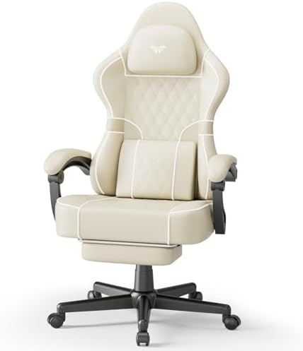 Huracan Ergonomic Gaming Chairs with Footrest, Adjustable Video Game Chairs with Massage Lumbar for Adults, Reclining Racing Computer Chair with Spring Cushion Extended Seat for Home Office, Beige