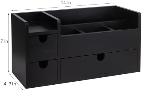Vintage Black Wooden Desktop Organizer Removable Drawers Office Supplies Wood Storage Cabinet Caddy Box Stationery Pencil Slots Mail Holder Note Pads Accessories Home Makeup Tools Cosmetics