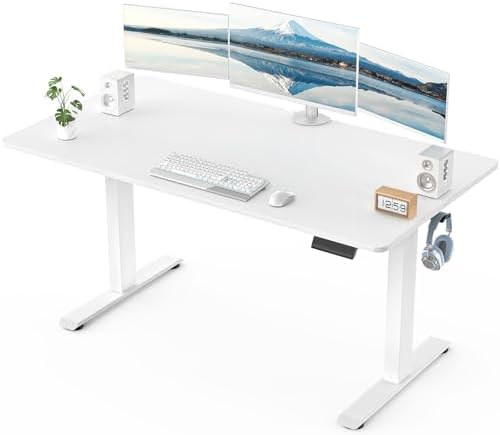 Veken 55 x 23.6 Inch Electric Standing Desk with Adjustable Height, Sit to Stand Computer Table for Study, Work or Gaming, Home Office Desk White
