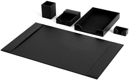 Sayglossy 5 Piece Leather Desk Pad Set with Side Rails 30"x18" Desk Blotter Protector, Letter Tray, Pen Cup, Sticky Note Clip, Name Card Holder, Executive Office Organizer Accessories Workplace(Black)