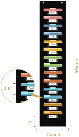ANCOMEDO 14 Pocket Hanging File Organizer with 14 Nametag Pockets. Black File Storage Pocket Chart for Classroom or Office Use. Perfectly Organizes Assignments, Files, Scrapbooks, and Documents.