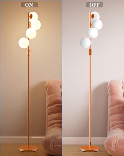 Mid Century Modern 4 Globe Orange Floor Lamp Dimmable Standing Lamp with 3000K Warm White Bulbs Included, Tall Ambient Floor Lamp for Living Room Bedroom Home Office Sofa Beside Corner Decor