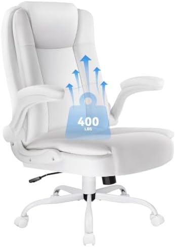 Ergonomic Office Chair with Flip-up Armrests, Big and Tall Leather Executive Office Chair, High Back Lumbar Support Home Computer Desk Chair, Heavy and Duty Computer Chair (White)