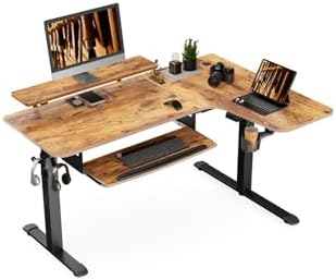 EUREKA ERGONOMIC Standing Desk with Keyboard Tray, Computer Desk, 61" L Shaped Electric Adjustable Height Desk w Monitor Stand LED, Corner Sit Stand Desk Gaming Desk, Dual Motor,Right/Rustic Brown