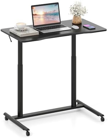 Tangkula Mobile Standing Desk, C-Shaped Sit Stand Desk with Adjustable Height, Lockable Wheels & Metal Frame, Rolling Laptop Desk, Portable Computer Workstation for Small Space (Black)