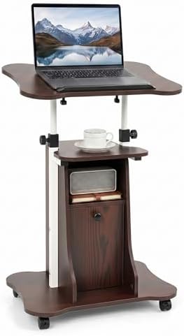 GIANTEX Mobile Podium Stand, Sit-to-Stand Laptop Cart (1 Pack,Brown)
