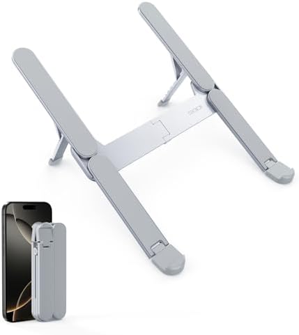 SODI Ultra Compact Foldable Laptop Stand - Portable Laptop Holder for Desk & Travel Use, Ergonomic Aluminum Computer Holder with Adjustable Height for MacBook, Tablet 10-16" (Light Gray, Bi-Fold)