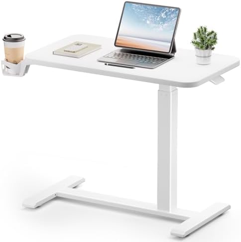GTPLAYER Small Standing Desk with Hidden Wheels, Pneumatic Mobile Rolling Laptop Desk, Adjustable Height Overbed Bedside Table Computer Workstation for Home Office (32" W x 16" D, White)