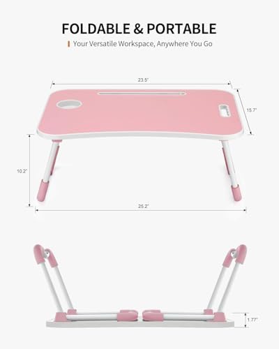 FISYOD Foldable Laptop Table, Portable Lap Desk Bed Table Tray, Laptop Stand with Cup Holder & Tablet Slot & Lifting Handle for Working Writing Drawing & Eating (Light Pink)
