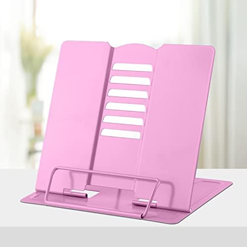 Honagu Book Stand Metal Desk Book Holder, Book Holders for Reading Hands Free, Adjustable Cookbook Documents Holder, Portable Bookstand for Music Books, Textbook, Recipe, Tablet, Ipad (Pink)