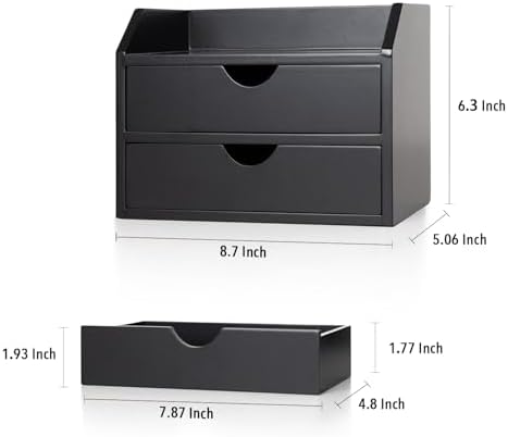 ROSE BLOOM Black Wood Desk Organizer with 2 Drawer, Mini Cute Cabinet with Storage Shelf for Tabletop, Small Desktop Box Organizer for Cosmetic Office Supplies