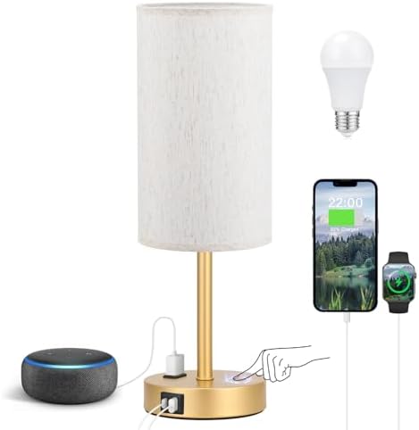 Fenmzee 17.4" Gold Lamp for Bedroom - Dimmable Touch, USB A+C, AC Outlet