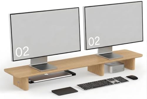 White Oak Dual Monitor Stand Riser - 43.3" Wooden Monitor Stand for 2 Monitors, Minimalist Desk Shelf Organizer for iMac, Laptop & Ultrawide Displays
