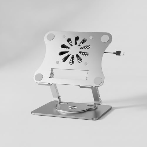 Laptop Cooling Stand Adjustable Desktop Riser Holder with Cooling Fan and Perforated for Stable Use Suitable for Work Study Gaming Office, Gray, Rotatable with Cooling Fan