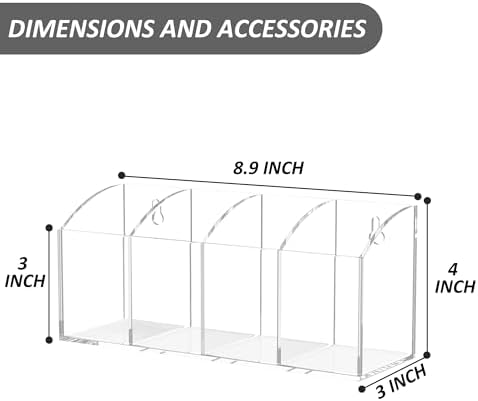 Acrylic Pen Holder Organizer 4 Compartments, Clear Makeup Brush Holder, No Drill Wall Mounting Pencil Holder for Office Accessories