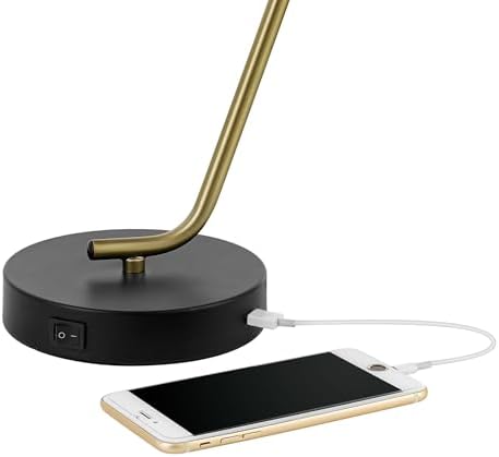 Globe Electric 52095 Belmont 17" Desk Lamp, Matte Black, Antique Brass Accents, Fast Charging USB Port, Rocker On/Off Switch