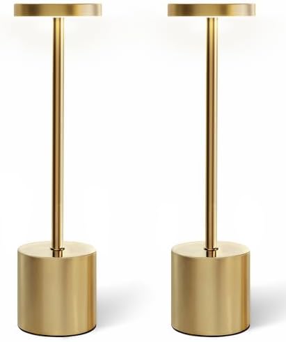Swinerton Cordless Table Lamp Set of 2, Gold 5000mAh Rechargeable Battery Operated Lamps, Wireless 3 Color Dimmable Touch Lamp Table Light for Restaurant Dining Patio Outdoor, Home Decor