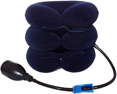 Upgraded Version Premium Flannel Inflatable Cervical Neck Traction Air Inflatable Pillow Neck Head Stretcher Pain Relief Collar (for Adults, Dark Blue)