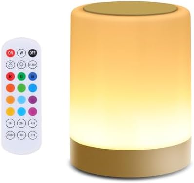 OORUN Touch Bedside Table Lamp,13 RGB Colors & 5 Brightness, USB Rechargeable Desk Lamp, Remote Control Dimmable Light with RGB Color Changing,Portable Lamp for Baby (Gold)
