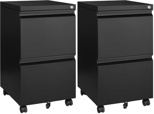 Letaya Mobile File Cabinet with Lock,2 Drawer Under Desk Metal Rolling Filing Cabinets for Home Office Organizer Letters/Legal/A4(Fully Assembled-Black) (Pack of 2)
