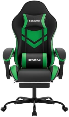 Gaming Chair with Footrest & Massage Lumbar Support, PU Leather Ergonomic High Back Swivel Height Adjustable Chair for Adults, Office Gaming, 300 lbs (Black Green)