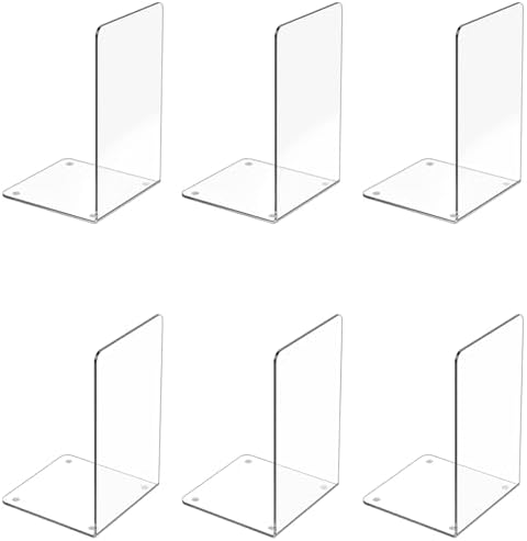 Acrylic Bookends 6 Pcs, Clear Book Ends for Shelves, Bookend Organizer