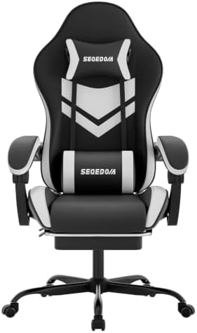 Gaming Chair with Footrest & Massage Lumbar Support, PU Leather Ergonomic High Back Swivel Height Adjustable Chair for Adults, Office Gaming, 300 lbs (Black White)