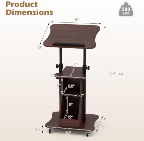 Tangkula Mobile Lectern Podium, Height Adjustable Podium Stand, Sit-to-Stand Desk with Tilting Tabletop & Storage Shelves, Rolling Laptop Cart Desk with Lockable Casters for Home Office School (Brown)