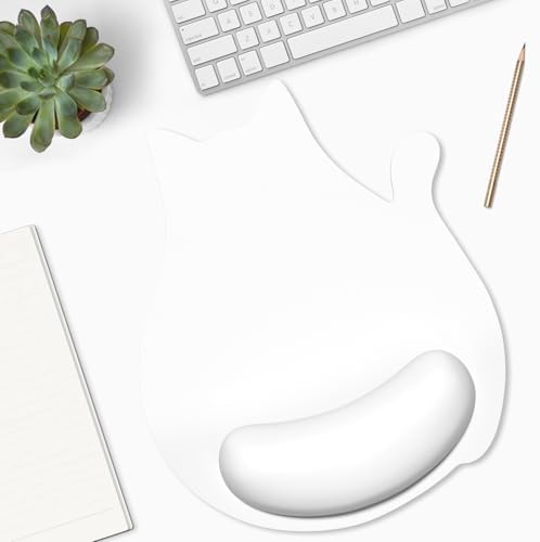 Ergonomic Mouse Pad with Wrist Rest, Cute Cat Memory Foam Padded Pain Relief Non-Slip Wrist Support Mouse Mat for Gaming Work Computer Laptop, Funny Office Supplies Desk Accessory, Ivory White