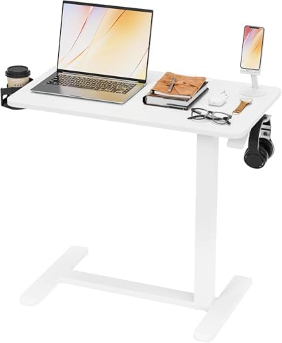 Furmax Mobile Standing Desk with Wheels, Pneumatic Adjustable Rolling Computer Desk Laptop Table for Bed, Couch (White-1,Small)