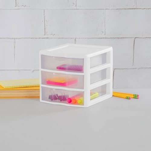 Sterilite Clearview Plastic Multipurpose Small 3 Drawer Desktop Storage Organization Unit for Home, Classrooms, or Office Spaces, White, (Pack of 6)