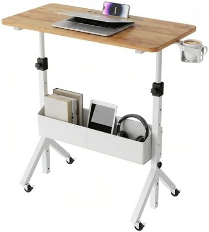 HUANUO Portable Standing Desk Adjustable Height, Mobile Stand Up Desk for Walking Pad and Treadmill, Rolling Computer Table with Wheels, 31.5"x15.75" Height 28.7"-46.1", Light Rustic