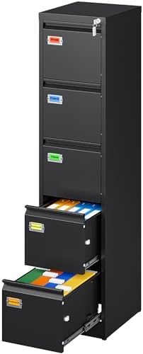 PEUKC 5-Drawer File Cabinet, 16.3" Deep Vertical Metal Filing Cabinet with Lock for Home Office, Anti-Tip 5 Storage Drawers for Letter/Legal/A4/F4 Size (Assemble Required, Black)
