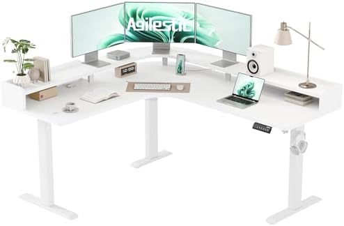 Agilestic L Shaped Standing Desk with Monitor Shelf, 63 Inch, White