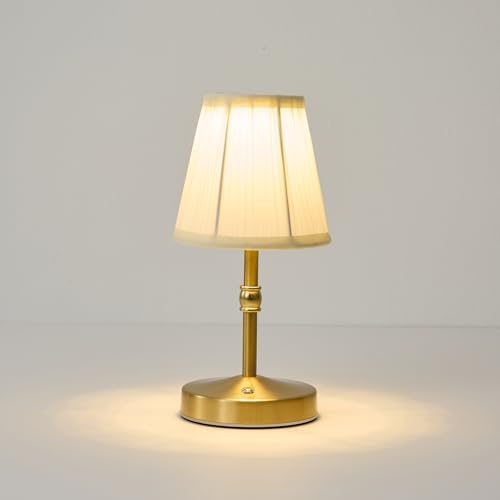 5w Led Cordless Mini Lamps,3000 mah Battery Operated Lamp,3 Color Temperature Dimmable Table Lamp,Gold Rechargeable Table Lamp Fabric,Aesthetic Small kitchen Lamp for Counter,Restaurant,Bar,H9.8"
