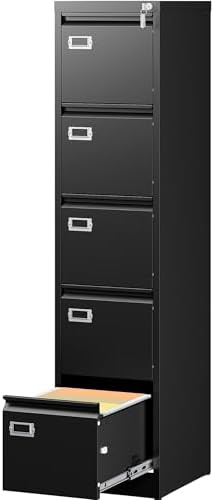 SISESOL 5 Drawer File Cabinet with Lock,Black Narrow Vertical File Cabinet Five Drawer,Tall Office Filing Cabinets,Metal Filing Cabinets for Home Office,Fit A4,Legal,Letter Size,-Assembly Required