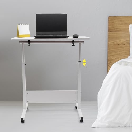 Adjustable Height Standing Desk 32-47", 24"Writable Tempered Glass Desktop with Eraser, Lockable Wheels & Storage Bag, Portable Mobile Sit Stand Laptop Desk for Small Spaces Home Office White